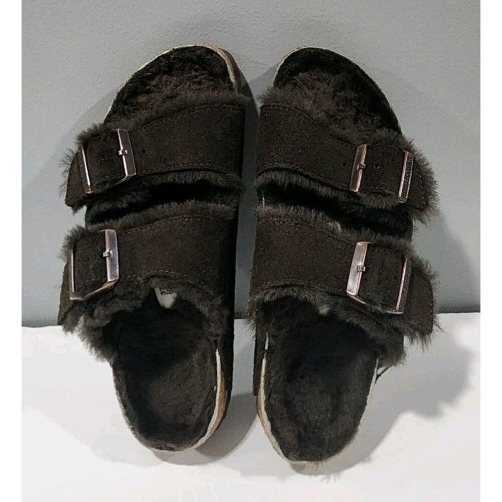 Birkenstock Arizona Shearling Suede Leather Mocha Two-Strap Sandals Sizes 37